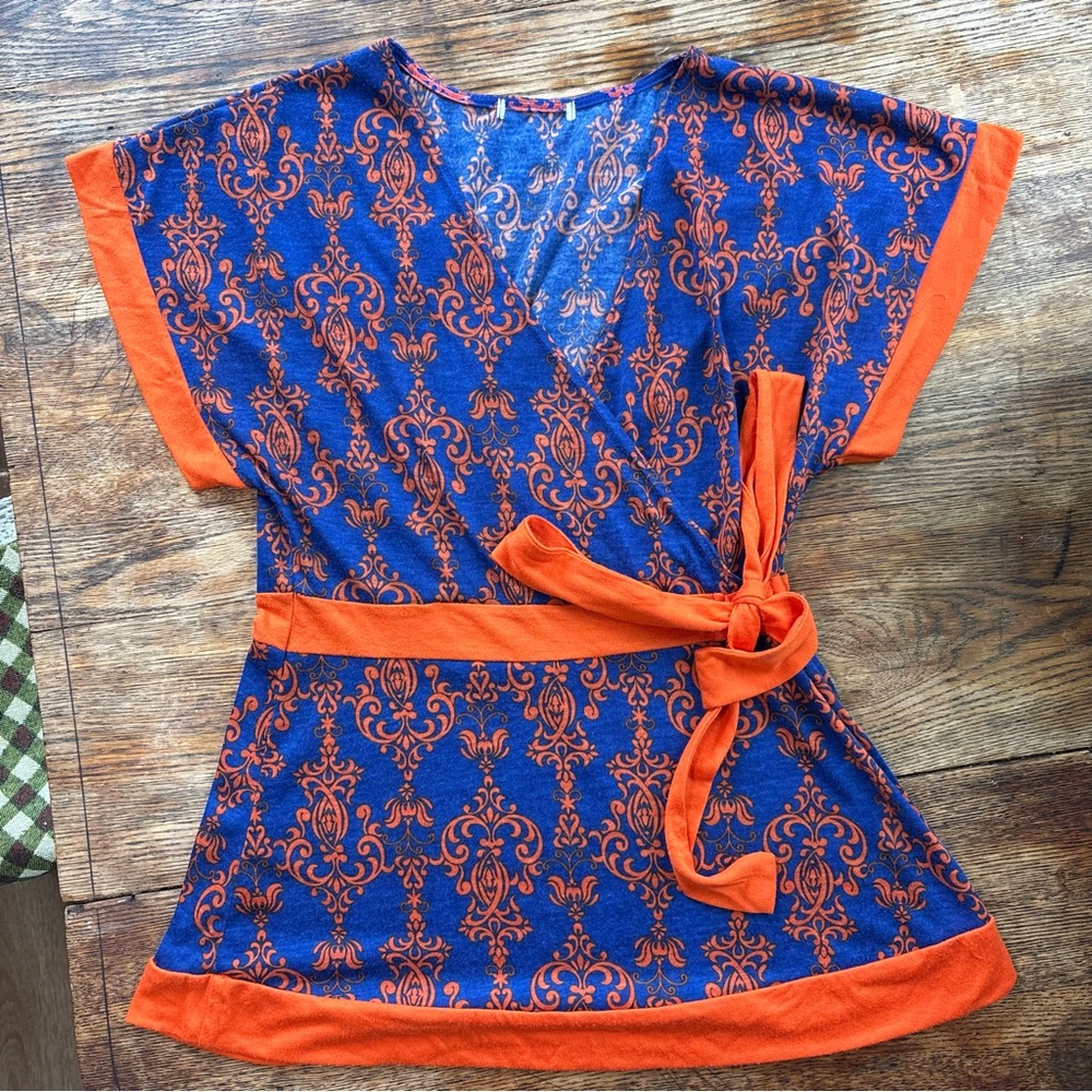 Elegant Blue and Orange Patterned wrap Top